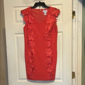 Carmen Marc Valvo Bright Pink/Red Sheath Dress with Flower Detail Size 6